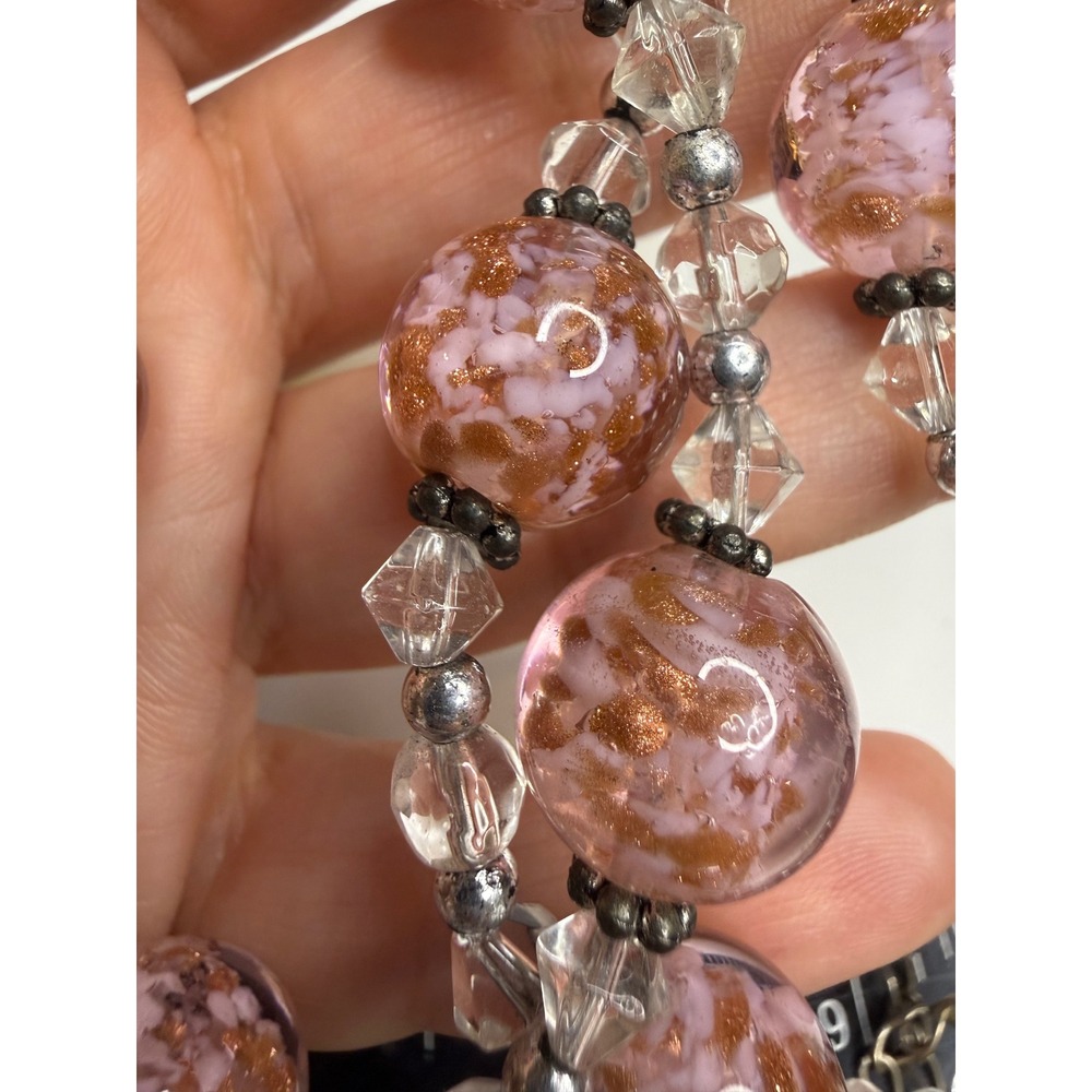 Pink Copper Foil Art Glass Bead Necklace Clear Crystal Spacers Silver Tone 19in
